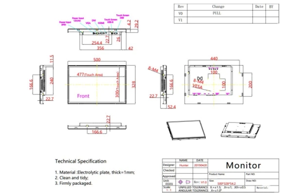 22 inch LCD open frame touch monitor 3D drawing
